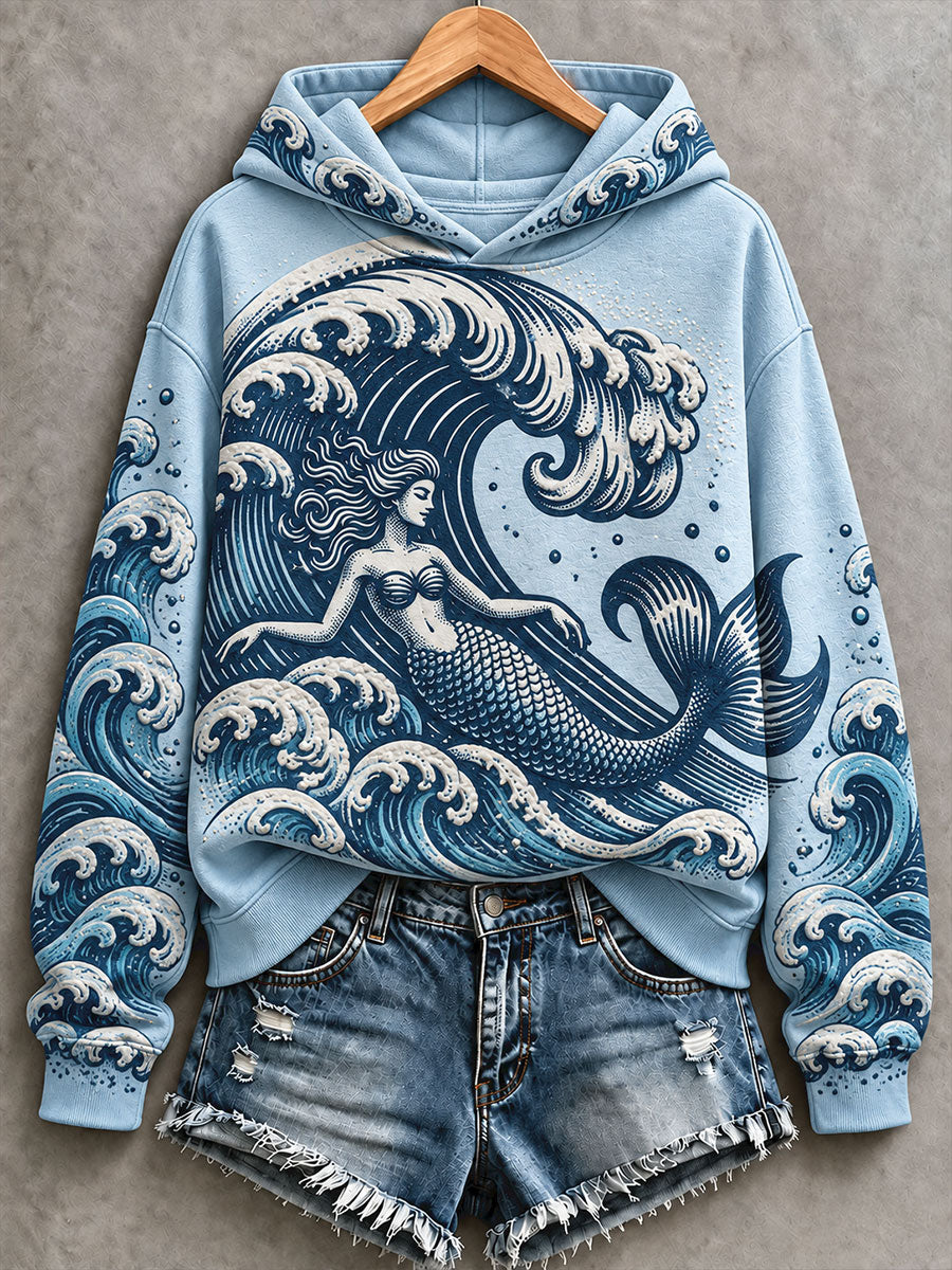Women's Blue Wave Art Printed Hoodie