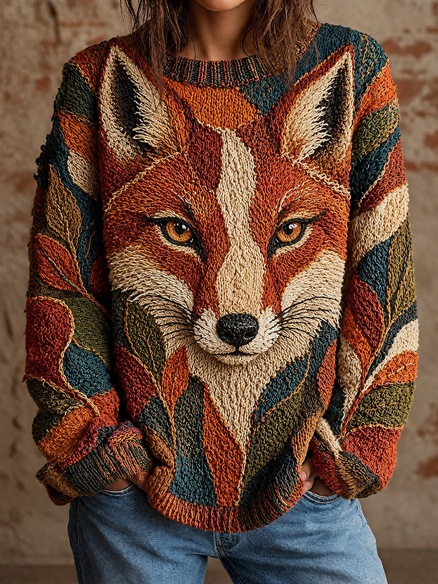 Casual Crew-Neck Sweater with Retro Animal Art Print