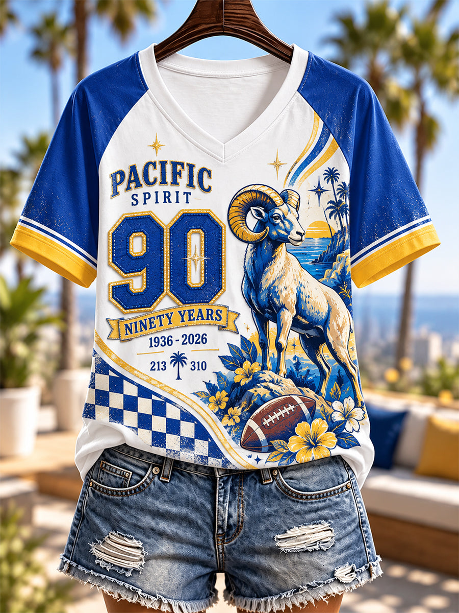 Women's Los Angeles Rams V-Neck Off-Shoulder Short-Sleeved T-Shirt