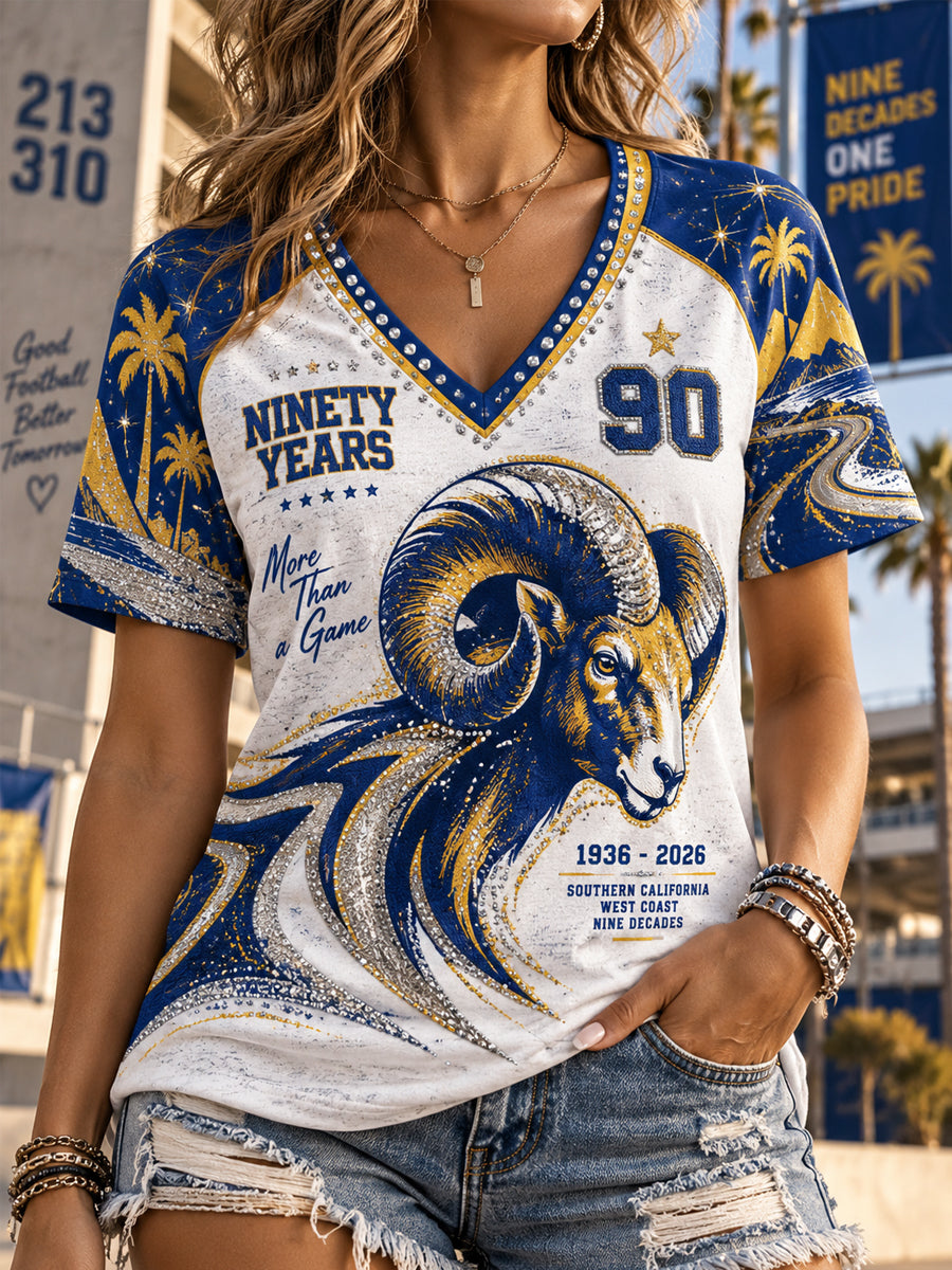 Women's Los Angeles Rams V-Neck Off-Shoulder Short-Sleeved T-Shirt