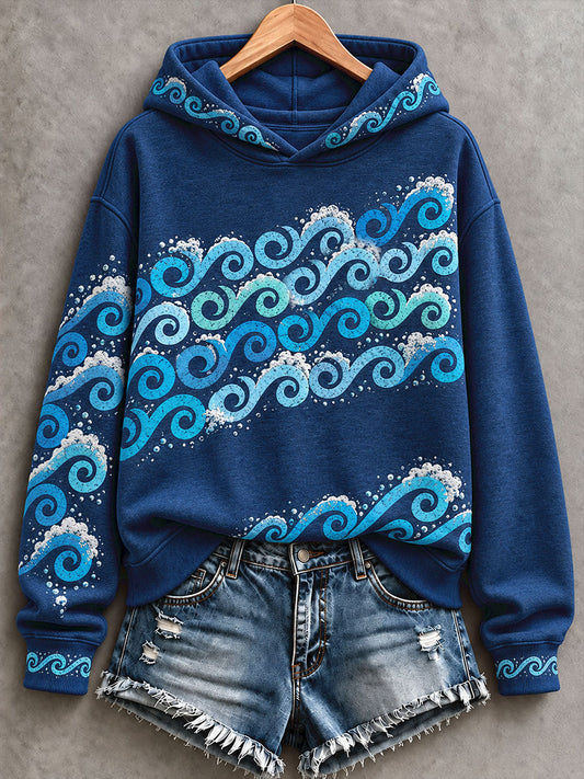 Women's Blue Wave Art Printed Hoodie