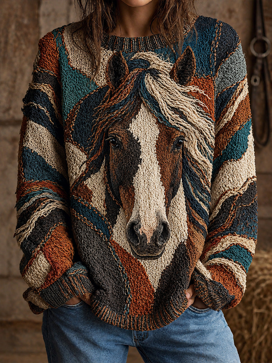 Casual Crew-Neck Sweater with Retro Animal Art Print