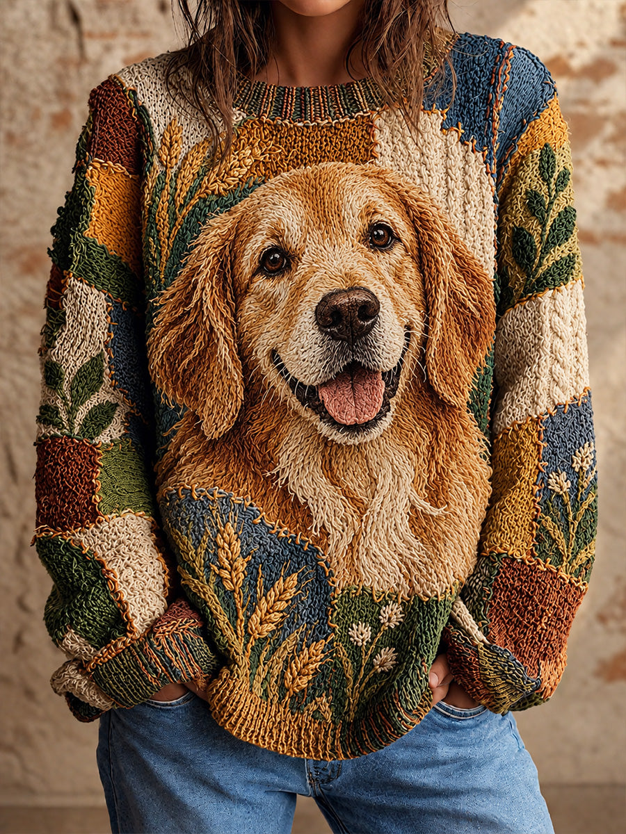 Casual Crew-Neck Sweater with Retro Animal Art Print