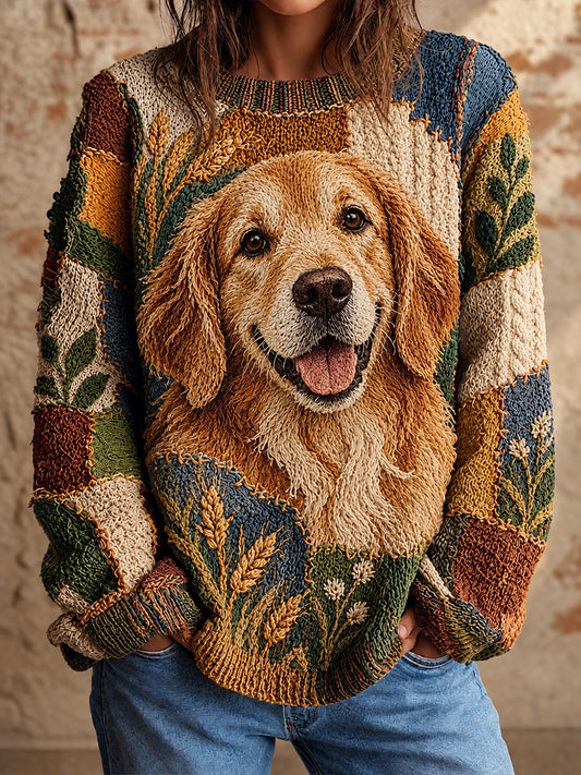 Casual Crew-Neck Sweater with Retro Animal Art Print